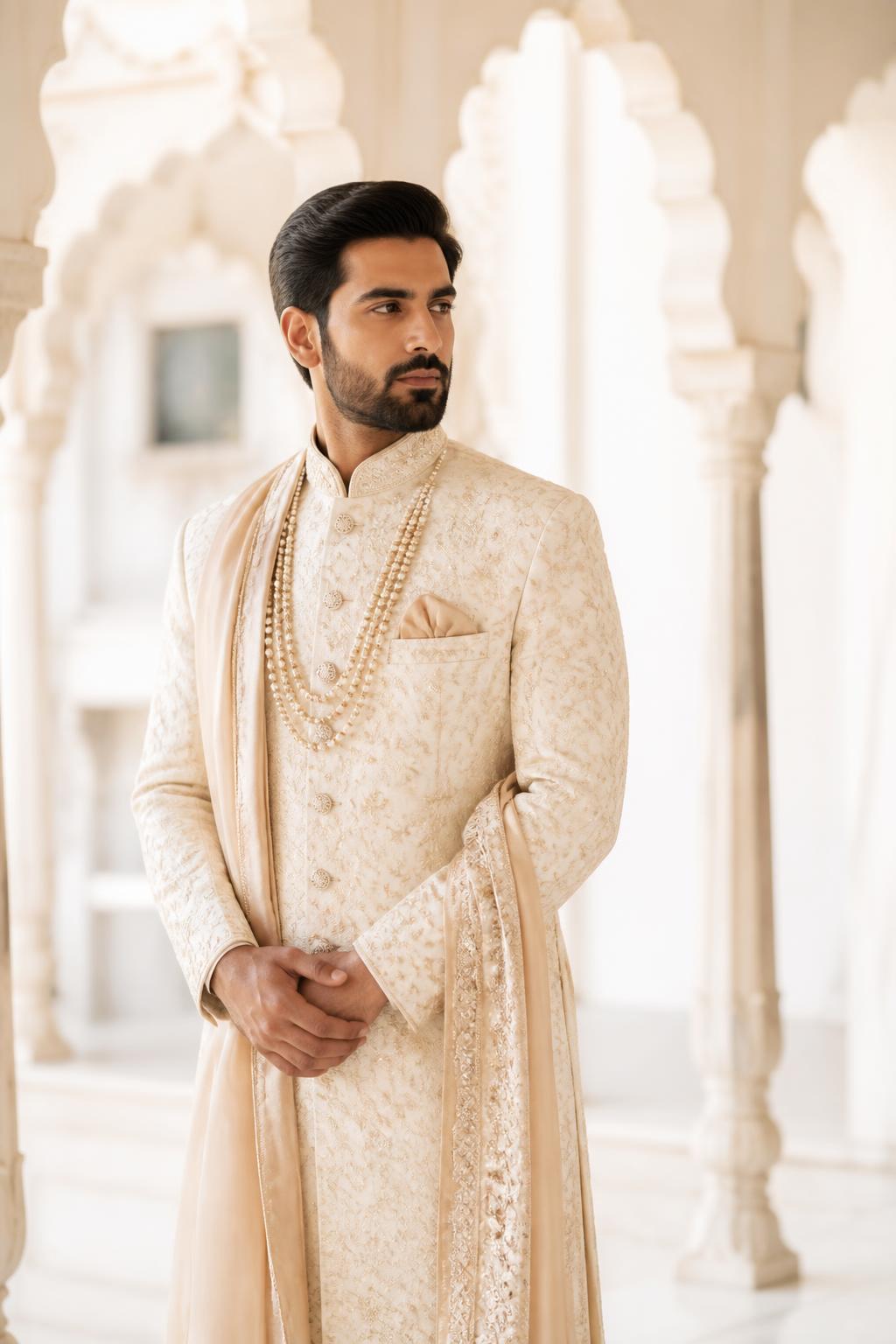 Groom in hand-embroidered Turabees raw-silk sherwani